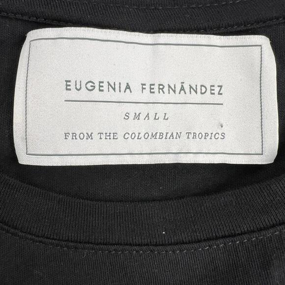 Eugenia Fernandez Floral Ruffle Shoulder Black Statement T-Shirt  Size S - Picture 3 of 10